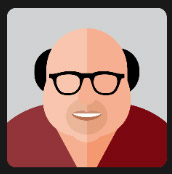 bald man black glasses red t-shirt