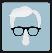 big nose black glasses gray hair