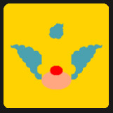 yellow square and clown with red nose