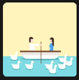 woman in blue and man in white in a boat
