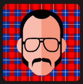 fancy mustache man in blue red squares