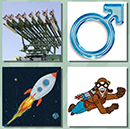 4 pics one song, rocket, flying man, male sign
